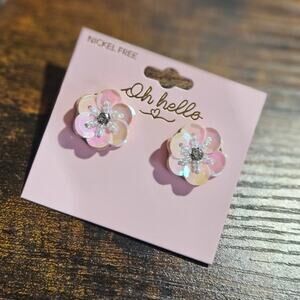 Oh Hello Pink Sequin Flower Stud Earrings Nickel Free NWT Deadstock